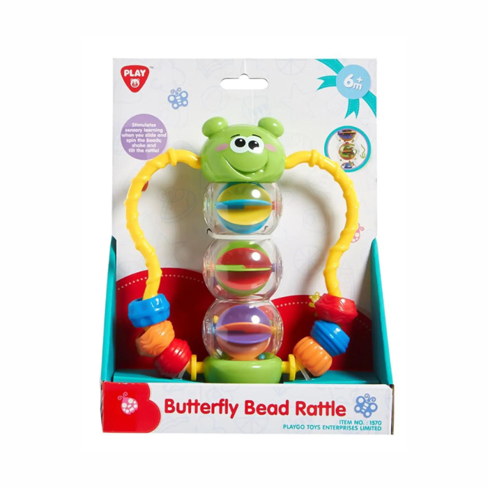 Let your tiny tot fly around like a butterfly with the Play Go Butterfly Bead Rattle Watch the smile on your baby's face when the colorful marbles go up and down The rattle is available in a variety of bright colors and all of them are attractive and hold your baby's attention for a long time Rattle is made of a non-toxic material and hence is safe for your baby's playtime Lots of beads that will run through different obstacles when turning the rattles and will inspire your baby