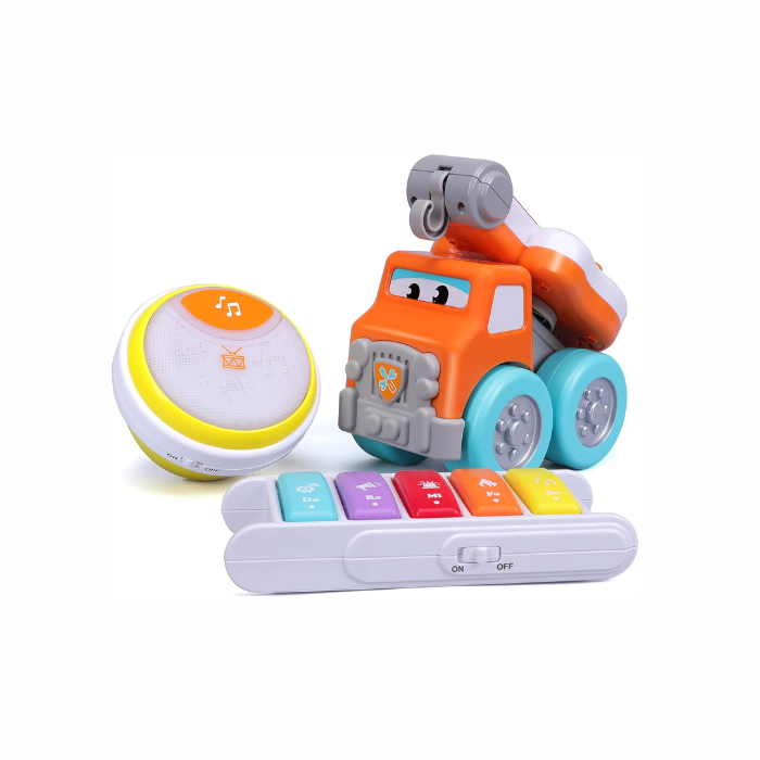 Develops : Hand-Eye Coordination, Free Rolling car, Guitar with "do re mi" sounds, Drum with melodies & drum beat sounds