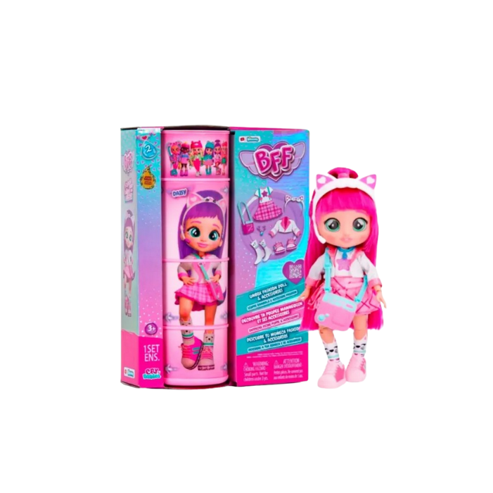 Discover 8+ surprises with your BFF's fashion doll, Daisy! She features sparkly purple hair, glass eyes, and 6 points of articulation. Daisy’s outfit includes a cat ear headband, white and pink collared top, pink and purple plaid skirt, cat socks, and matching shoes. Accessorize with her purple purse and BFF necklace. Packaged in unique iridescent wrapping, Daisy's cylindrical display rotates to show her poses. Inside, find 2 clothing pieces, a bag, hair accessory, matching shoes, socks, and a necklace. For ages 3+.